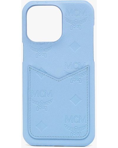 MCM Iphone 15 Pro Max Case In Monogram Leather - Blue