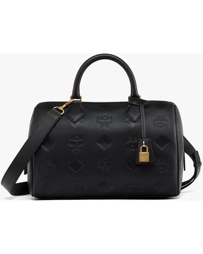 MCM Ella Boston Bag In Maxi Monogram Leather - Black