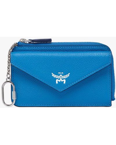 MCM Himmel Zip Around Card Case In Embossed Leather - Blue