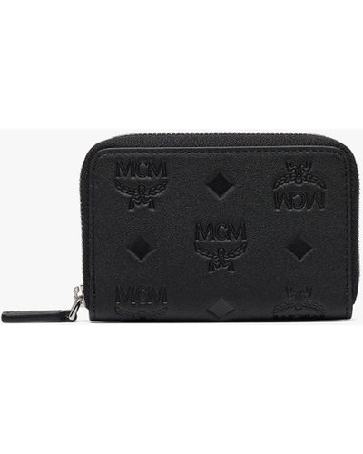 MCM Aren Zip Around Wallet In Embossed Monogram Leather - Black