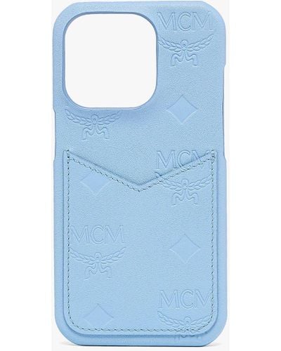 MCM Iphone 15 Pro Case In Monogram Leather - Blue