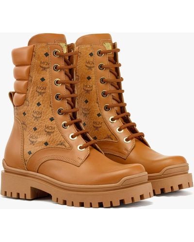 MCM Visetos Boots In Calf Leather - Brown