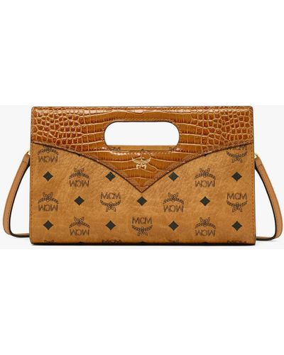 MCM Diamond Tote In Visetos And Croco-embossed Leather - Brown