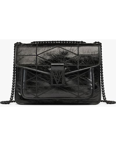 MCM Travia Quilted Shoulder Bag In Crushed Leather - Black
