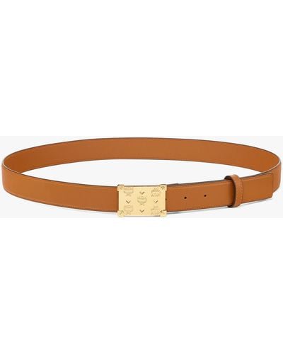 MCM Brass Plate Buckle Belt 1.3" In Nappa Leather - Brown