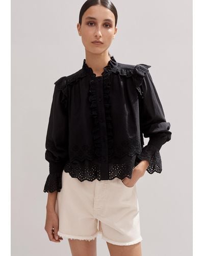 ME+EM Cotton Broderie Ruffle Cropped Top - Black
