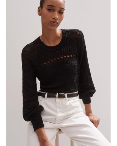 ME+EM Cotton Lace Stitch Raglan Sleeve Sweater - Black