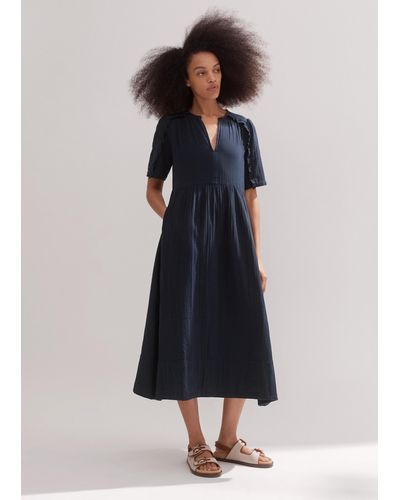 ME+EM Cheesecloth Relaxed Ruffle Midi Dress - Blue