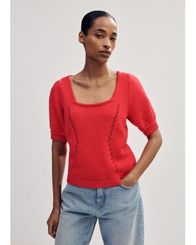 ME+EM Chunky Cotton Fashioned Square Neck Tee - Red