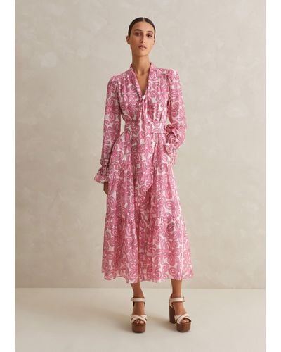ME+EM Silk Cotton Flower Print Midi Dress + Belt - Pink