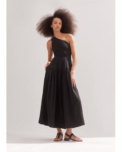 ME+EM Cheesecloth Shirred One Shoulder Maxi Dress - Natural