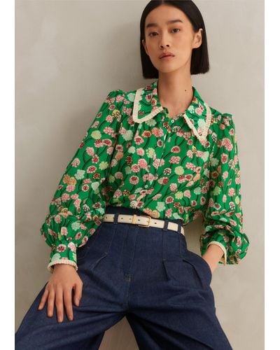 ME+EM Silk Cotton Lantana Flower Print Shirt - Green