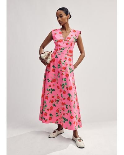 ME+EM Cotton Sateen Rose Print Maxi Dress - Pink
