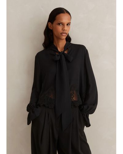 ME+EM Silk + Lace Cropped Pussybow Blouse - Black