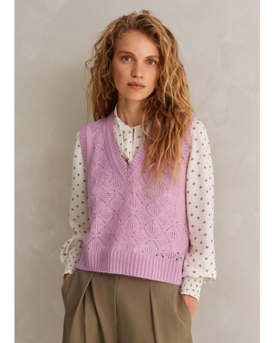 ME+EM Merino Cashmere Silk Lace Stitch V Neck Sweater - Pink