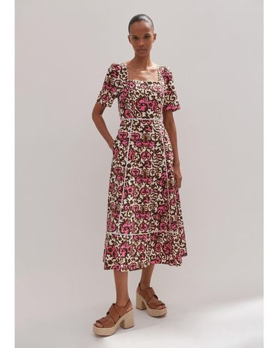 ME+EM Linen-blend Baroque Print Midi Dress - Pink