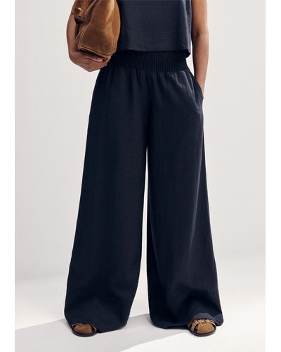 ME+EM Linen-blend Shirred Waist Wide-leg Trouser - Blue