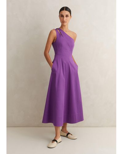 ME+EM Cotton Sateen One Shoulder Midi Dress - Purple