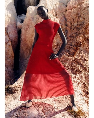 ME+EM Sheer Panelled Evening Knit Maxi Dress - Red