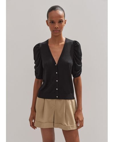 ME+EM Silk Button-through Pouf Sleeve Knit Top - Black
