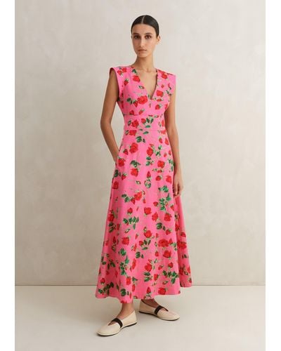 ME+EM Cotton Sateen Rose Print Maxi Dress - Pink