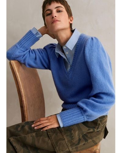 ME+EM Cashmere Silk V-neck Sweater - Blue