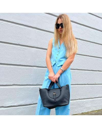 meli melo Thela Medium Black Leather Tote Bag For Women - Blue