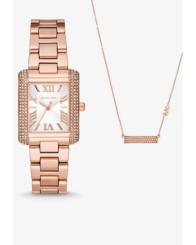 Michael Kors Mk Mini Emery Pavé Rose-Tone Watch And Necklace Gift Set - Metallic