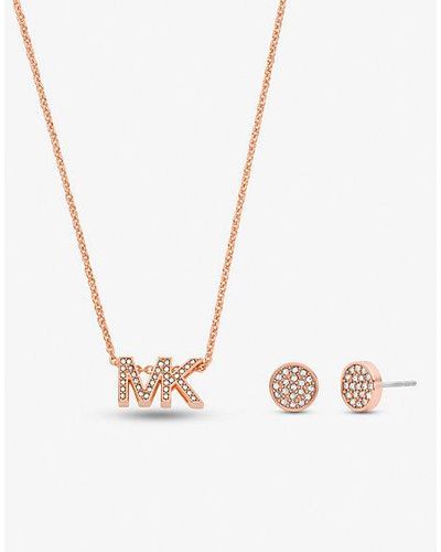 Michael Kors Rose Gold-tone Brass Logo Necklace And Earrings Set - White