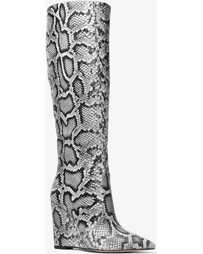Michael Kors Isra Snake Embossed Leather Wedge Boot - White