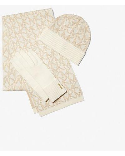 Michael Kors Logo Jacquard Scarf, Beanie And Gloves Gift Set - White