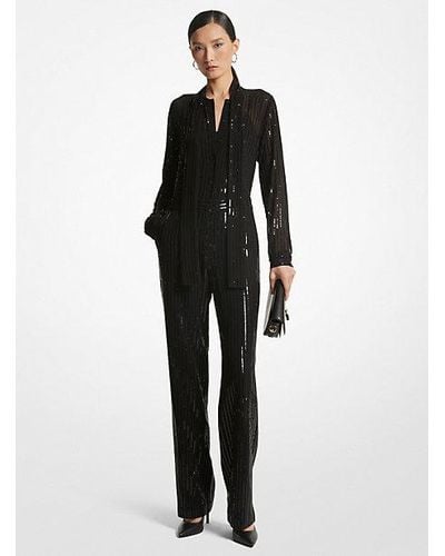 Michael Kors Mk Pinstripe Sequined Georgette Jumpsuit - Black