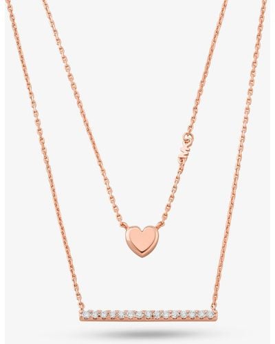 Michael Kors Mk Precious Metal-Plated Sterling Double Heart And Pavé Bar Necklace - White