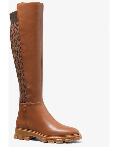 Michael Kors Ridley Leather And Logo Jacquard Knee Boot - Brown