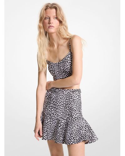 Michael Kors Leopard Print Stretch Crepe Skirt - White