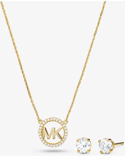 Michael Kors 14k Rose Gold-plated Sterling Silver Pavé Logo Charm Necklace And Stud Earrings Set - Metallic