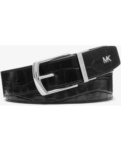 Michael Kors Reversible Crocodile Embossed Leather And Logo Belt - Black