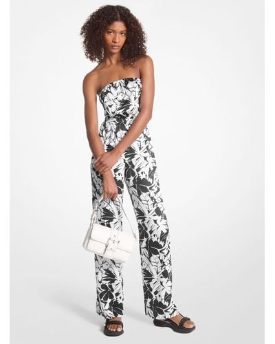 Michael Kors Palm Print Satin Tie-back Jumpsuit - White