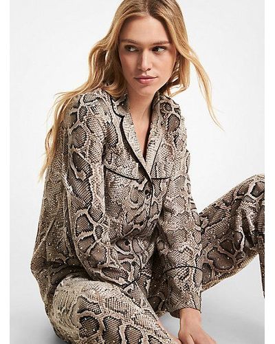 Michael Kors Embellished Snake Crushed Crepe Pyjama Shirt - Brown