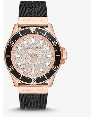 Michael Kors Oversized Slim Everest Pavé Rose-gold Tone And Embossed Silicone Watch - Black