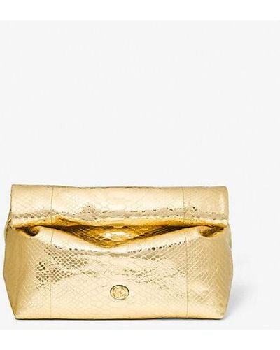 Michael Kors Monogramme Medium Metallic Python Embossed Leather Lunch Box Clutch - Natural