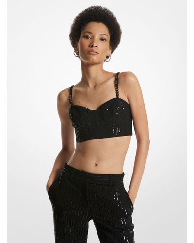 Michael Kors Pinstripe Sequined Crepe Bustier Top - Black