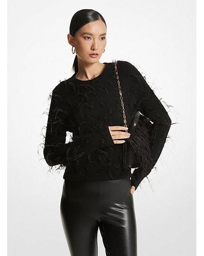 Michael Kors Mk Feather Embellished Merino Wool Blend Cropped Sweater - Black