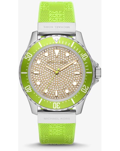 Michael Kors Oversized Slim Everest Pavé Silver-tone And Embossed Silicone Watch - Green