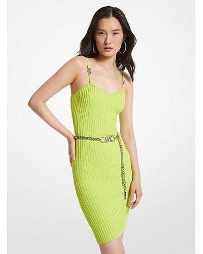 Michael Kors Ribbed Stretch Viscose Belted Bustier Dress - Green