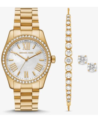 Michael Kors Coffret cadeau avec montre Lexington dorée à pierres pavées et bijoux - Métallisé