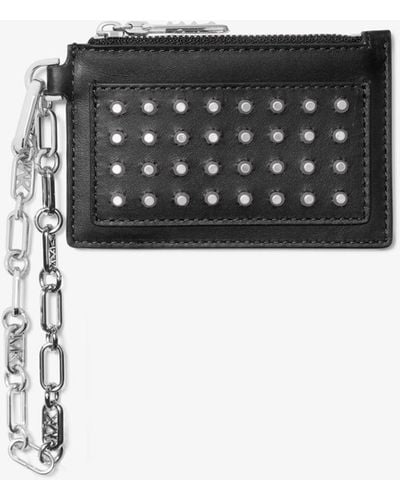 Michael Kors Porta carte di credito piccolo in pelle con borchie catena e logo Empire - Bianco