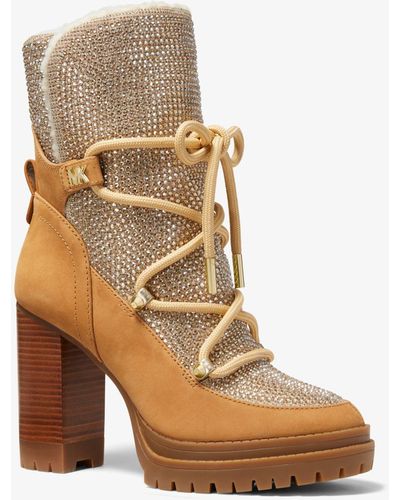 Michael Kors Culver Embellished Nubuck And Glitter Chain Mesh Lace-up Boot - Natural