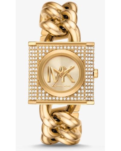 Michael Kors Orologio mini a lucchetto tonalità oro con pavé e bracciale a catena - Metallizzato
