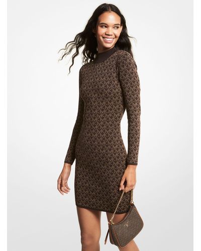 Michael Kors Logo Jacquard Mock Neck Jumper Dress - Brown